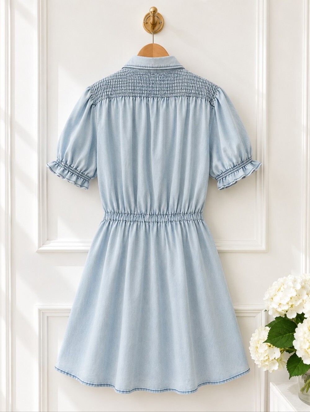 Indulge Instyle Light Wash Denim Button Front Shirt Dress XL | Puff Sleeve Mini - Picture 6 of 8